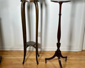 (2PC) PAIR WOOD PEDESTALS | Includes 2 tier display stand with carved legs and tall spindle carved wood pedestal on tripod legs. - h. 44 x dia. 12 in (larger)