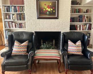 Pair of navy leather wing back chairs, colorful bench ( we have two)