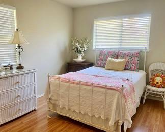 Sweet full size white iron bed, wicker dresser