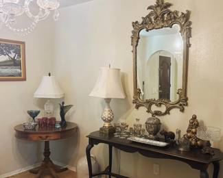 Round table with drawer, sofa table and misc decor