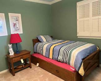 Oak Bedroom suite includes twin bed with trundle, Chest of drawers, bedside table, Dresser with mirror