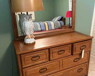 Oak Bedroom suite includes twin bed with trundle, Chest of drawers, bedside table, Dresser with mirror