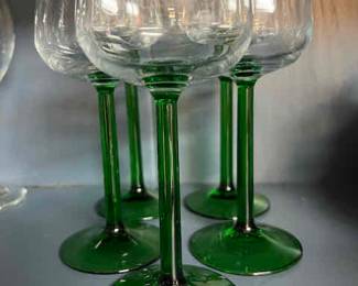 Set 5 MCM wine glasses with green stems
