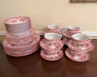 8 place settings red and white transferware