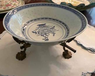 Brass stand, blue and white rice bowl