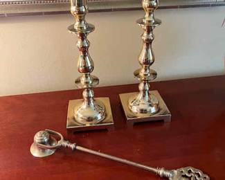 Heavy Brass candleholders, Candle snuffer