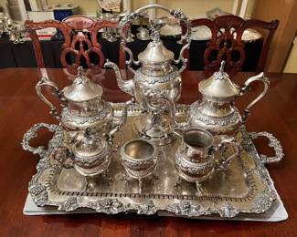 Silver plate tea set with hot water kettle