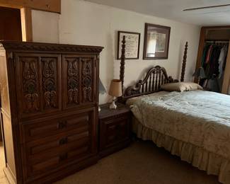 King size bed, end tables and dresser cabinet 