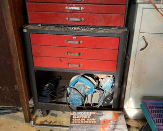 Tool box and tools, chain saw sharpener