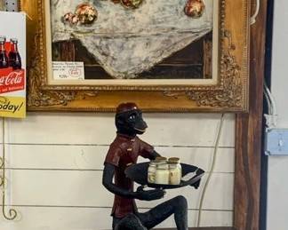 Large oil painting, Bombay Chest, Cast Iron Monkey