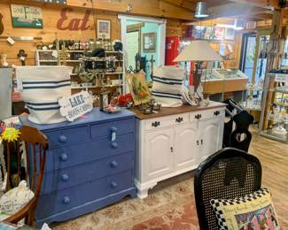 Vintage Blue Dresser.  1950's Painted Maple Buffet, Rocking Chairs