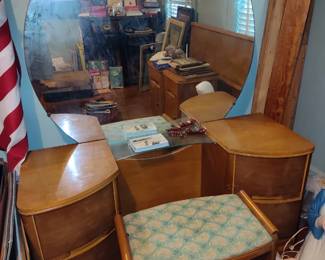 Part of Art Deco Bedroom Suite Vanity with Round Mirror Stool