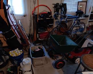 Toro Lawnmower, golf clubs, Scott’s fertilizer spreader, fishing rods and reels, spoerting equipment baseball bats, helmets, bicycle.