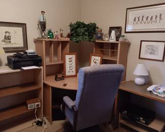 Office decor chair, desk, bookcases and file holders.
