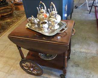 Vintage tea cart and silverplate set 