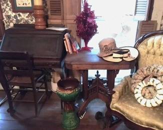Antique Slant Front Desk, Parlor Table, Vintage Hat, Pottery and Victorian Rocker