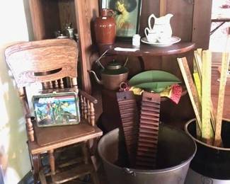 Antique Childs Highchair, stoneware and crocks