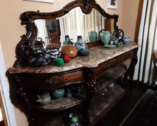 Carved Oak mirrored, marble #2 tier sideboard 19th C. 