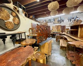 free edge coffe tables, urchin chandelier, wood art