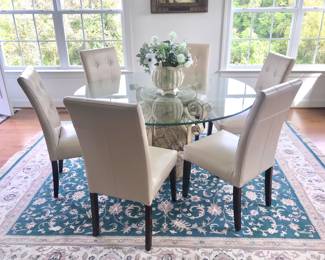 Glasstop Pedestal Table and 6 Pier 1 Dining Chairs.  Rug is 8' x 10'4"