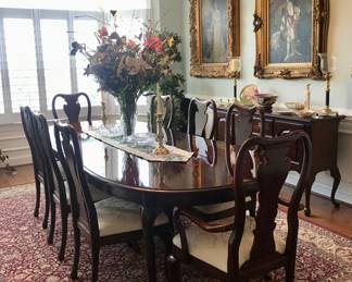 Dining Table with 2 leaves, table pads, and 8 Dining Chairs