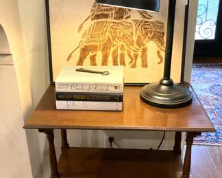 3-shelf side table; framed elephant art