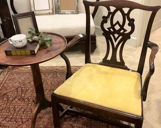 Settee; small candle table; antique arm chair