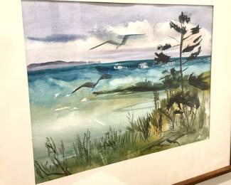 Watercolor beach scene by  E. Carrott