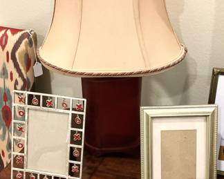 Red lamp with trimmed shade