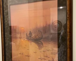 Native American in canoe framed art - "The Silent Hunter" by G. Harvey