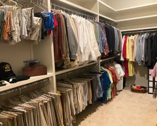 Huge array of shirts, slacks, jackets, jeans, hats, socks, ties, shoes, etc.