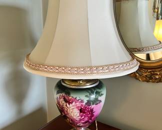 Brass and Porcelain Lamp with Floral Design