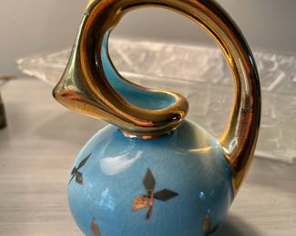 Mid Century Pale Blue Honey Pot Pitcher with 24K Handle