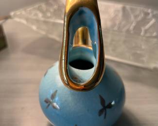 Mid Century Pale Blue Honey Pot Pitcher with 24K Handle