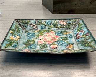 Asian Floral Design - Small Raised Enameled Metal Tray