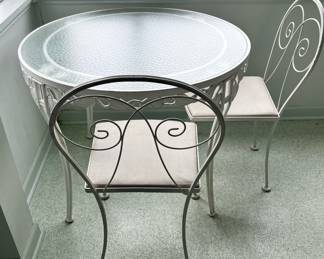 Glass Top White Wrought Iron Bistro Table and Chairs