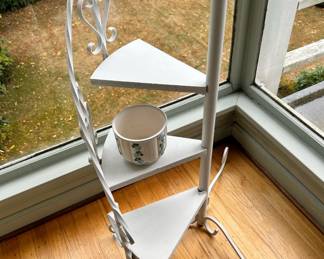 Rubens Hand Painted Planter White with Rows of Blue Flowers - Made in Japan, White Wrought Iron/Wood Spiral Pot Holder