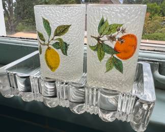 Pair of Mid Century Frosted Glasses - Orange and Lemon Design