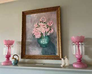 Pair of Victorian Style Pink Mantle Lustres/Candle Holders, Oil Painting of Bouquet in Vase by R. Ramage