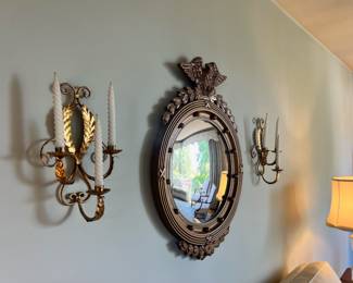 Federal Eagle Gold Tone Framed Mirror, Pair of Brass Toned Candelabra Candle Holders