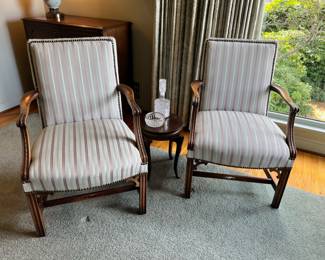 Pair of Victorian Style - Cream and Brown Striped Upholstered Arm Chairs