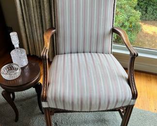 Pair of Victorian Style - Cream and Brown Striped Upholstered Arm Chairs