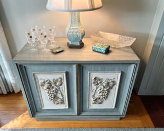 Light Blue Distressed Cabinet/Sideboard with Grape Motif 
