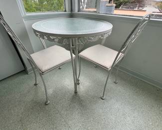 Glass Top White Wrought Iron Bistro Table and Chairs