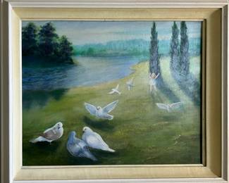 Oil Painting of Doves by the Water - Signed Ben Thall