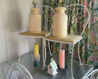 Set of 4 White Wrought Iron Chairs and Glass Top Table, Pair of Cream/Yellow Ceramic Lamps