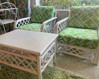 Pair of Lattice Rattan Chairs and Table