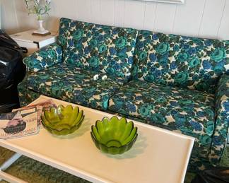 Mid Century Sleepaire Floral Design Pullout Bed Love Seat, White Tray Coffee Table, 2 Mid Century Green Lotus Bowls