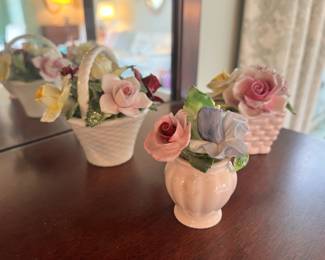 Royal Adderley Bone China Mini Vase Floral Arrangement, 2 Bone China Floral Arrangement in Basket
