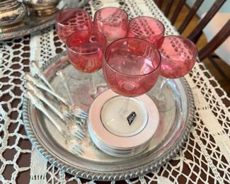 Set of 6 Kokesh M Mononogramed Cranberry Wine Glasses